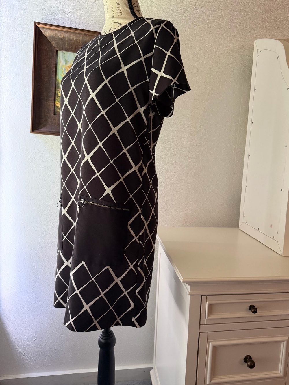Valette Black and White Grid Shift Dress